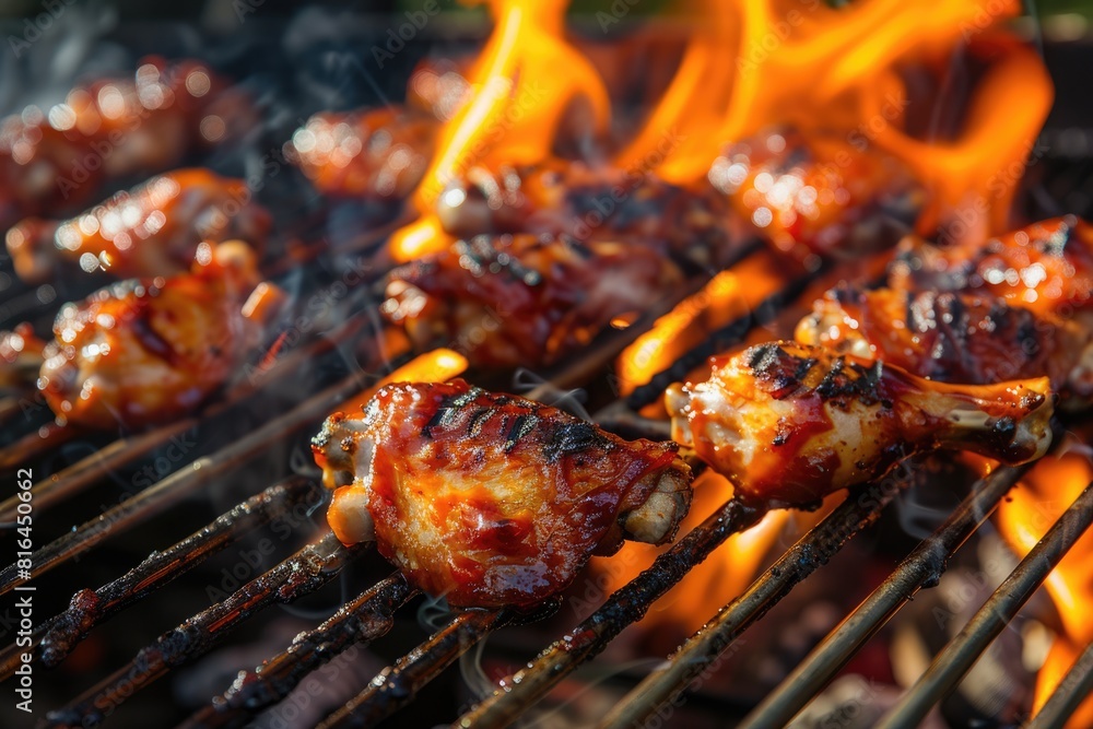 Grilling Chicken. BBQ Grill with Fire Cooking Hot Chicken Wings on Charcoal Grilling Chicken. BBQ Grill with Fire Cooking Hot Chicken Wings on Charcoal