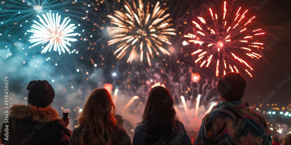 Friends enjoying a festive New Year s Eve party with fireworks in the background, captured with a slow shutter speed to blur the crowd slightly and focus on the fireworks Friends enjoying a festive New Year s Eve party with fireworks in the background, captured with a slow shutter speed to blur the crowd slightly and focus on the fireworks