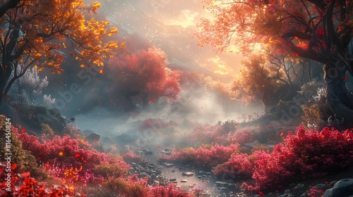 Enchanting Autumn Forest Pathway with Vibrant Foliage and Mystical Stream