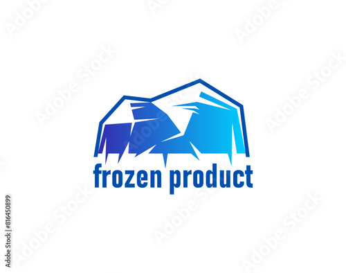 Frozen product icon for food label with ice crystal rocks, vector blue badge. Keep cold or frozen food stamp for fresh refrigerated meat, fish or seafood package with Arctic ice rocks icon