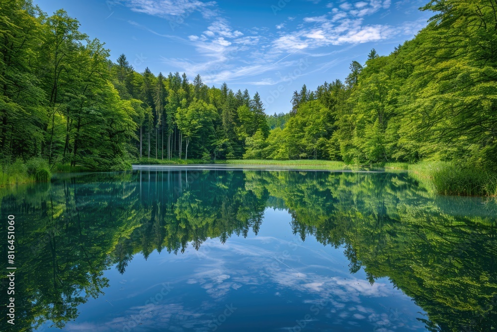 Fototapeta premium Forest With Lake. Beautiful Summer Landscape with Green Forest and Reflections on Water