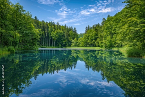 Forest With Lake. Beautiful Summer Landscape with Green Forest and Reflections on Water