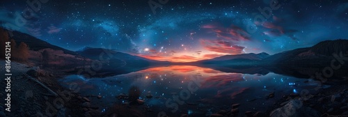 Night Nature. Starry Panorama of Mountains with Sky, Water, and Nature Elements