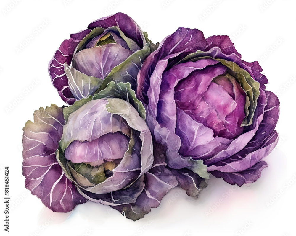 Obraz premium Red cabbage. Isolated watercolor illustration on white background. 