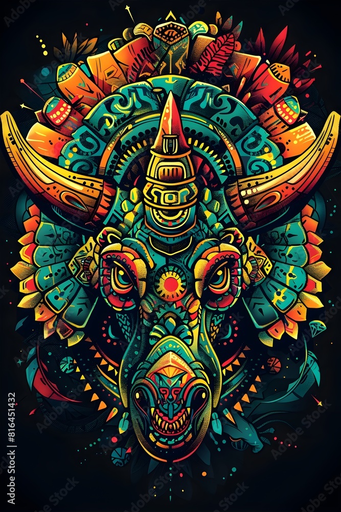 Vibrant Triceratops Totem with Intricate Mayan Glyphs and Symbols on Black Background Representing Strength and Mystical Protection Vibrant Triceratops Totem with Intricate Mayan Glyphs and Symbols on Black Background Representing Strength and Mystical Protection