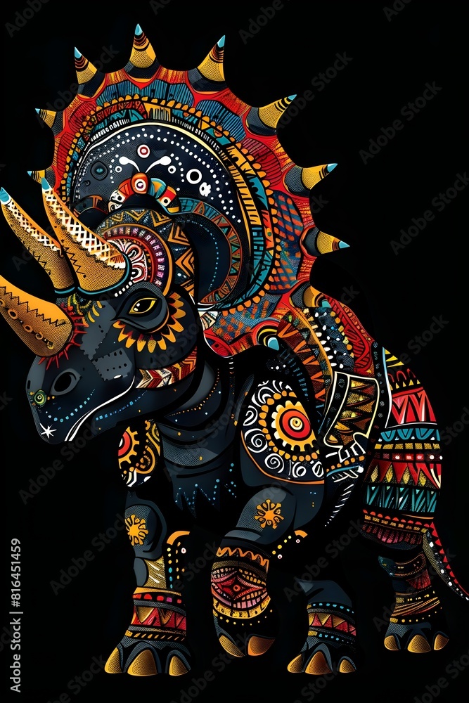Obraz premium Vibrant Triceratops with Tribal Mudcloth Patterns in Esports Logo Style