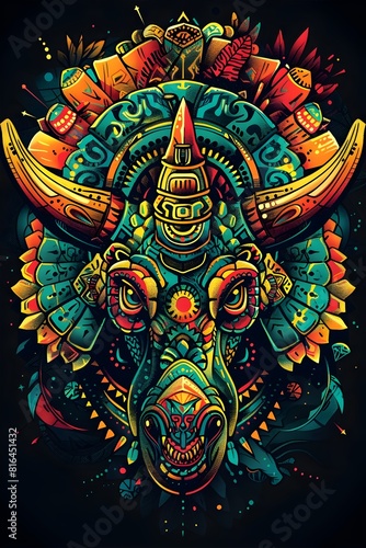 Wallpaper Mural Vibrant Triceratops Totem with Intricate Mayan Glyphs and Symbols on Black Background Representing Strength and Mystical Protection Torontodigital.ca