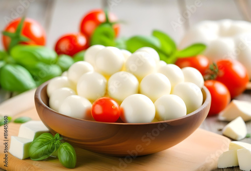 A wooden bowl with cherry tomatoes, basil, and small blocks of mozzarella cheese ain the white wooden background photo