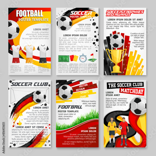 Germany 2024 euro soccer cup posters. Vector football-themed templates with colorful backgrounds, soccer balls, grass, trophy and team players. Layouts promote sports events, clubs, and championships photo