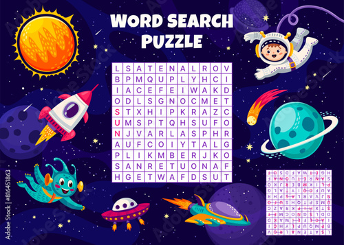 Space word search puzzle game with galaxy planets and kid astronaut, vector worksheet. Word search grid game quiz to guess and find alien UFO and spaceship, kid spaceman or spaceship shuttle and stars