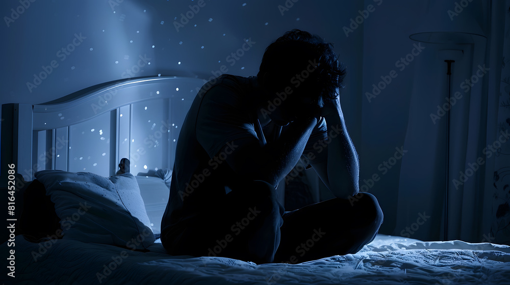 Lonely man silhouette sitting on the bed feeling depressed and stressed in the dark bedroom Depression and anxiety disorder concept : Generative AI Lonely man silhouette sitting on the bed feeling depressed and stressed in the dark bedroom Depression and anxiety disorder concept : Generative AI