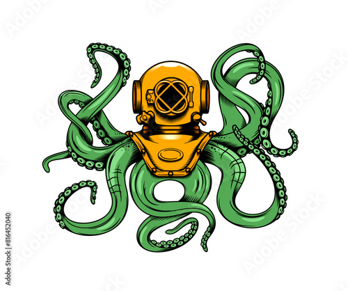 Octopus with tentacles and diver helmet in sketch doodle art for tattoo or mascot, vector emblem. Underwater animal, green octopus in aqualung helmet for diving club badge or abstract t-shirt print