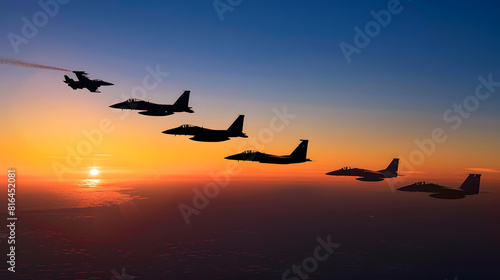 Air Force Day Aircraft silhouettes on background of sunset Combat flight of interceptors on a mission   Generative AI