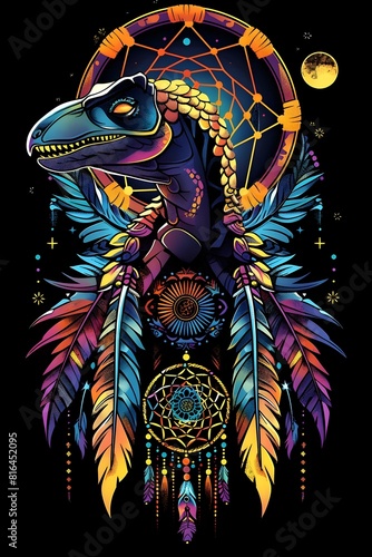 Vibrant Velociraptor with Dreamcatcher Feathers Mystical Native American Inspired Dinosaur for Esports Logo or Graphic Design