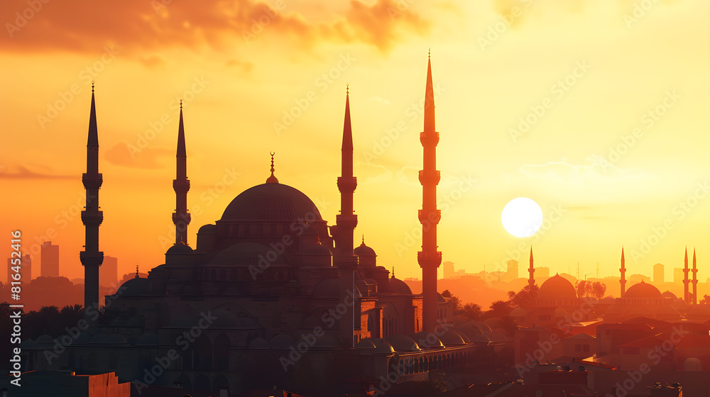 Silhouette Suleymaniye Mosque in Sunset City : Generative AI