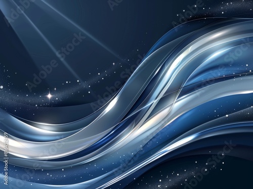 Vector illustration of an abstract blue background featuring a luminous effect and glow. The design includes curved lines, white waves, sun rays, and bokeh, making it suitable for presentations