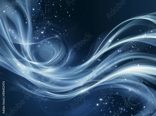 Vector illustration of an abstract blue background featuring a luminous effect and glow. The design includes curved lines, white waves, sun rays, and bokeh, making it suitable for presentations