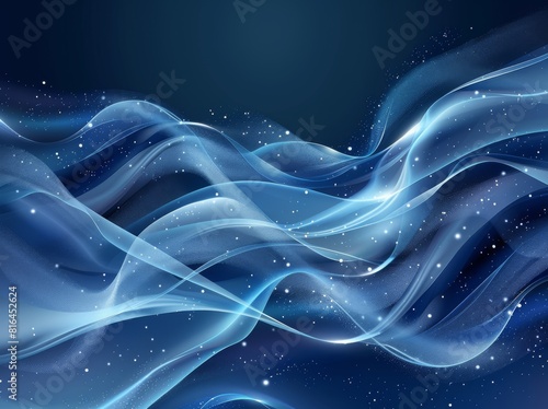 Vector illustration of an abstract blue background featuring a luminous effect and glow. The design includes curved lines, white waves, sun rays, and bokeh, making it suitable for presentations