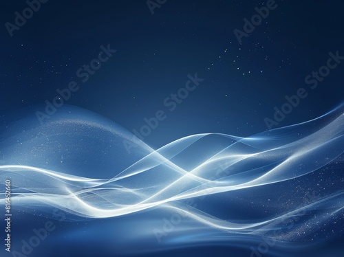 Vector illustration of an abstract blue background featuring a luminous effect and glow. The design includes curved lines, white waves, sun rays, and bokeh, making it suitable for presentations