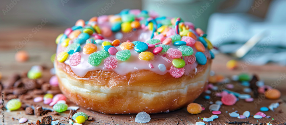A donut decorated with colorful candy pieces, creating a fun and festive treat for National Donut Day. 32k, full ultra HD, high resolution.