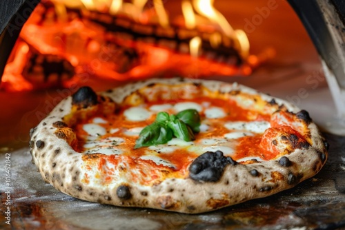 Pizza displayed on table near pizza oven, ready to eat