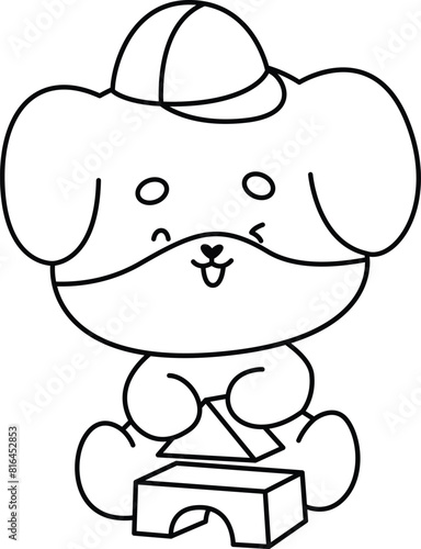 a vector of a cute dog playing block toys in black and white coloring © Inkley