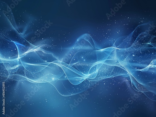 Vector illustration of an abstract blue background featuring a luminous effect and glow. The design includes curved lines, white waves, sun rays, and bokeh, making it suitable for presentations