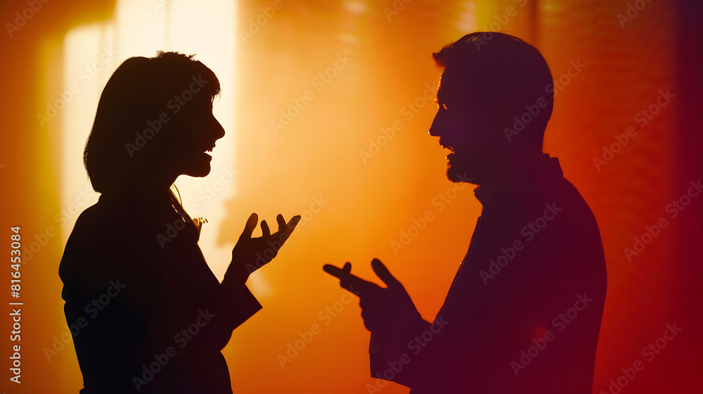 Silhouette of businessman and businesswoman talking : Generative AI