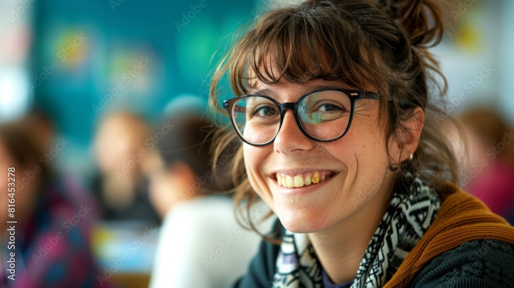 portrait cheerfully of teacher in the class portrait cheerfully of teacher in the class
