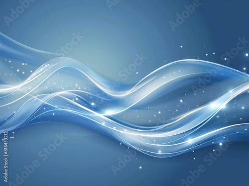 Vector illustration of an abstract blue background featuring a luminous effect and glow. The design includes curved lines, white waves, sun rays, and bokeh, making it suitable for presentations