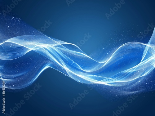 Vector illustration of an abstract blue background featuring a luminous effect and glow. The design includes curved lines, white waves, sun rays, and bokeh, making it suitable for presentations
