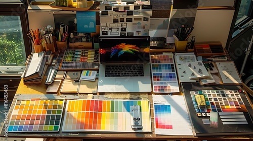 An organized desk with a laptop, sketchbook, and color palettes arranged neatly for a UX design project © SHAPTOS