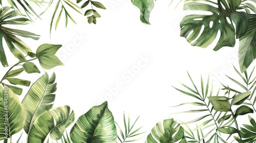 Design of tropical foliage including painted leaves and vines on a white background with space for text photo