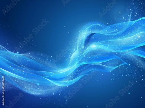 Vector illustration of an abstract blue background featuring a luminous effect and glow. The design includes curved lines, white waves, sun rays, and bokeh, making it suitable for presentations