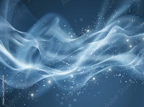 Vector illustration of an abstract blue background featuring a luminous effect and glow. The design includes curved lines, white waves, sun rays, and bokeh, making it suitable for presentations