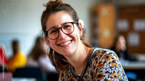 portrait cheerfully of teacher in the class photo