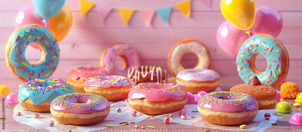 A donut-themed party setup with colorful decorations, donut-shaped balloons, and a variety of donuts for National Donut Day. 32k, full ultra HD, high resolution.