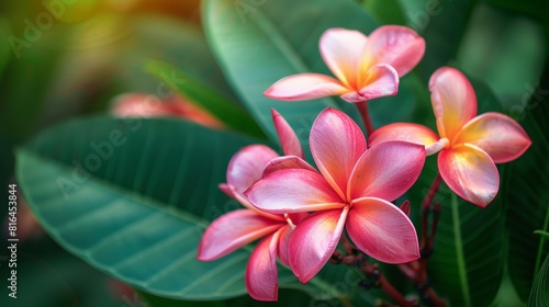 Artistic close-up of tropical Plumeria flowers against a backdrop of green foliage  highlighting detail for advertising purposes