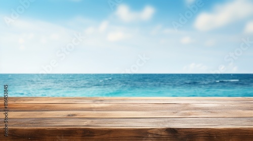Wooden table top with beach and sea background