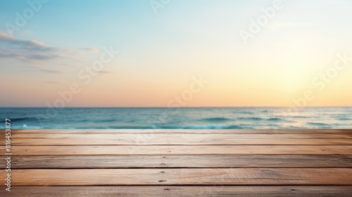 Wooden table top with beach and sea background © Muhammad