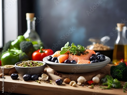 Healthy fresh raw food for the heart in a banner format on rustic wood with salmon  assorted spices  herbs  nuts  peppers  blueberries  tomato  onion  broccoli  garlic  soy sauce and olive oil