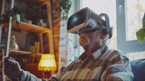 Senior man using AI for virtual reality therapy, immersive environment, rehabilitation center