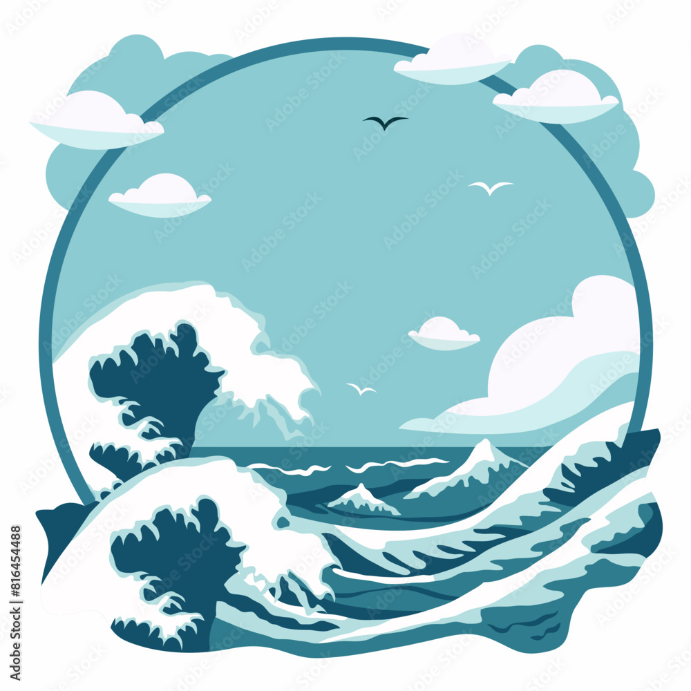 Naklejka premium Circle Frame Background with Blue Sea Ocean Water Waves in Summer