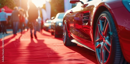 Red luxury cars on a red carpet at a glamorous event. People are walking in the background. This could be depicting a luxury car show or award ceremony, with space for copy, text, and logos. photo