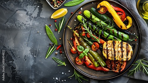 Roasted green grilled vegetables in plate on stainless background top view flat lay shooting close up view of a barbecued healthy food photo