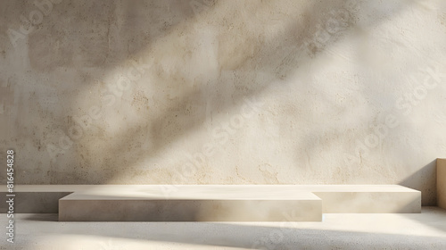 Beige background with shadows from the window on plaster wall, beige carpet floor, minimal mockup scene for product presentation display in studio room