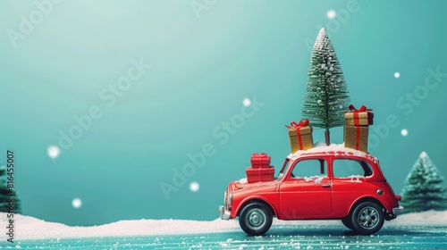 Red Santa's car with gift boxes and christmas tree on the top. Merry Christmas and a Happy New Year concept. Red vintag car with Christmas tree photo