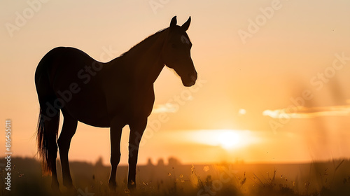 Silhouette photo of friesian horse in sunrise : Generative AI © Generative AI