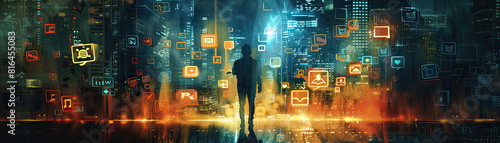 A mysterious figure casting shadows with scam symbols over a social media cityscape, illustrated in a dark, moody watercolor.