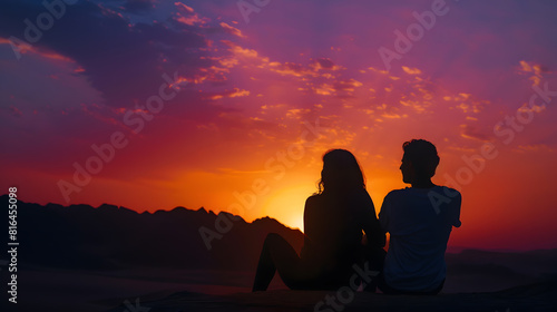 Romantic couple silhouette watching sunset against epic sunset sky in Egypt : Generative AI